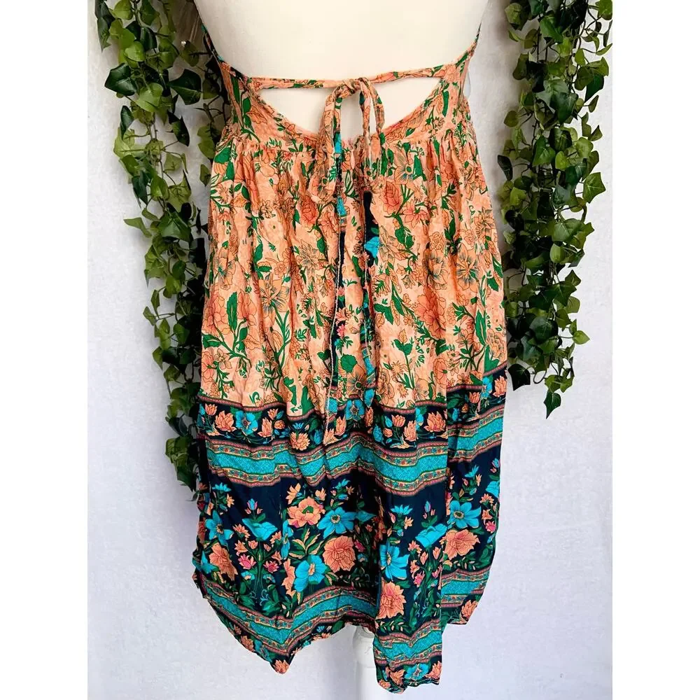 Boho Rayon Orange Teal Floral Halter Tie Empire Waist Mini Dress Women's Small - Picture 5 of 11